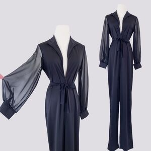 Vintage jumpsuit sheer sleeves turtleneck 80s zipper straight leg balloon sleeve